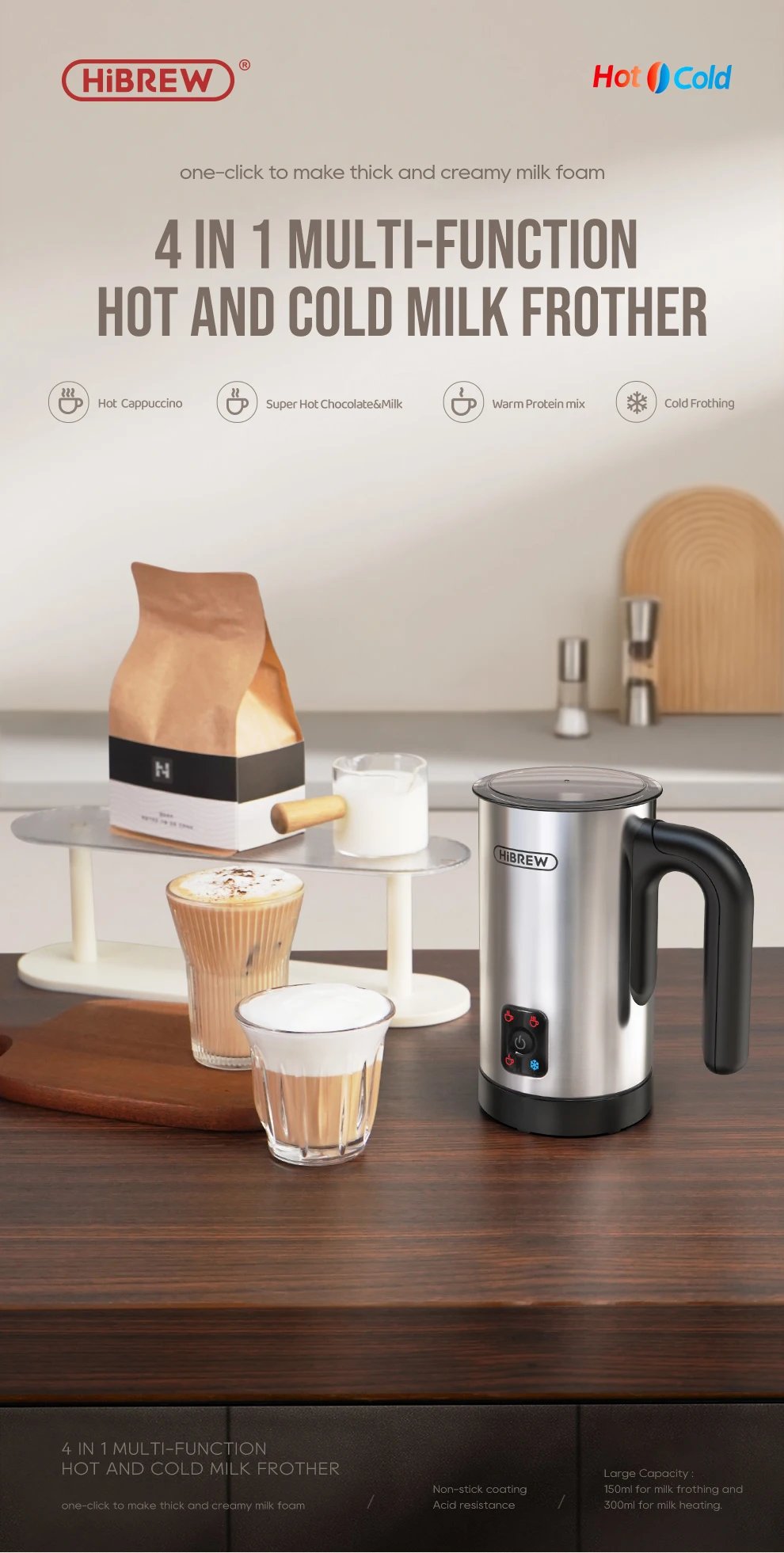 HiBREW 4 in 1 Milk Frother Frothing Foamer Fully automatic Milk Warmer Cold/Hot Latte Cappuccino Chocolate Protein powder M3A