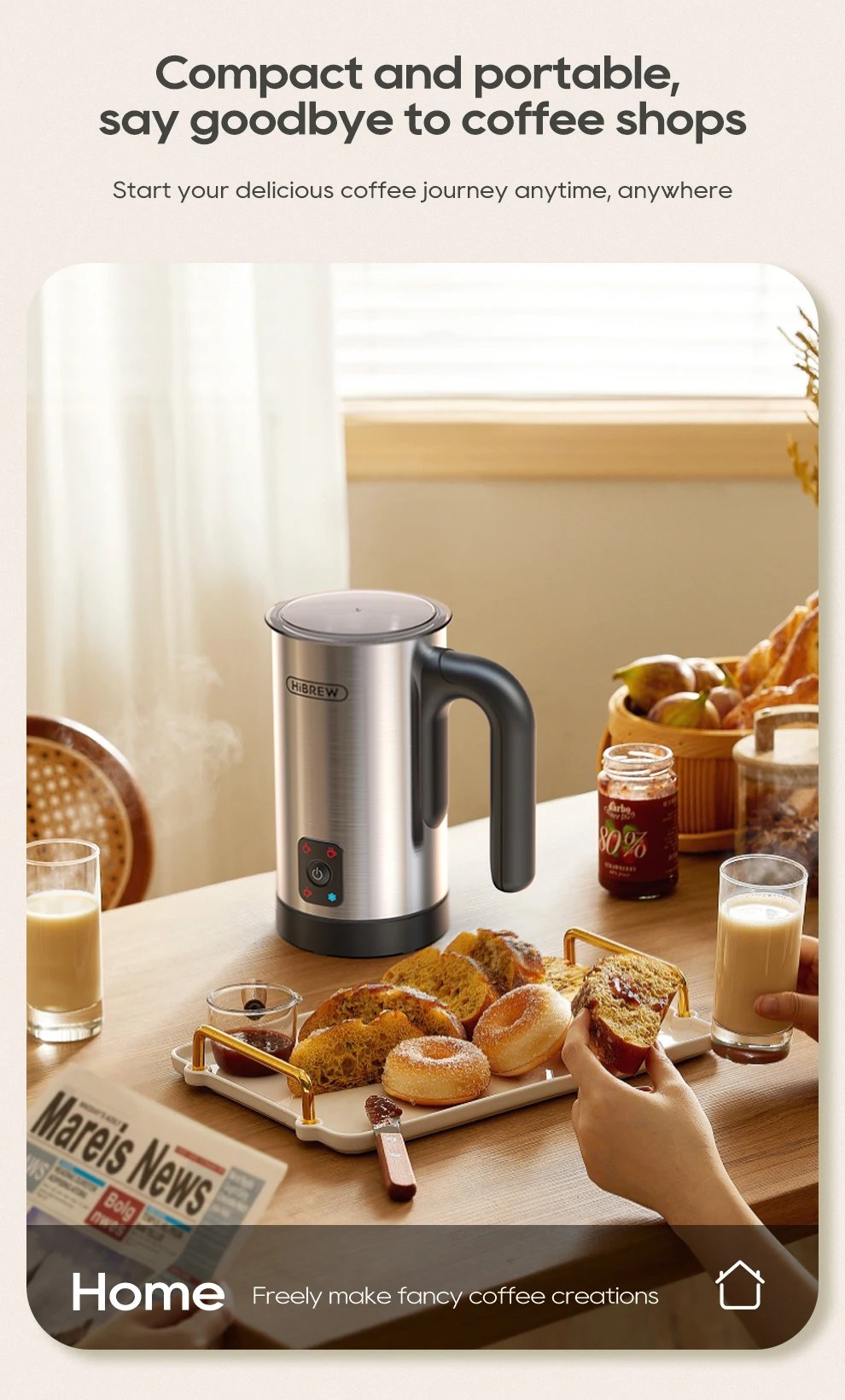 HiBREW 4 in 1 Milk Frother Frothing Foamer Fully automatic Milk Warmer Cold/Hot Latte Cappuccino Chocolate Protein powder M3A