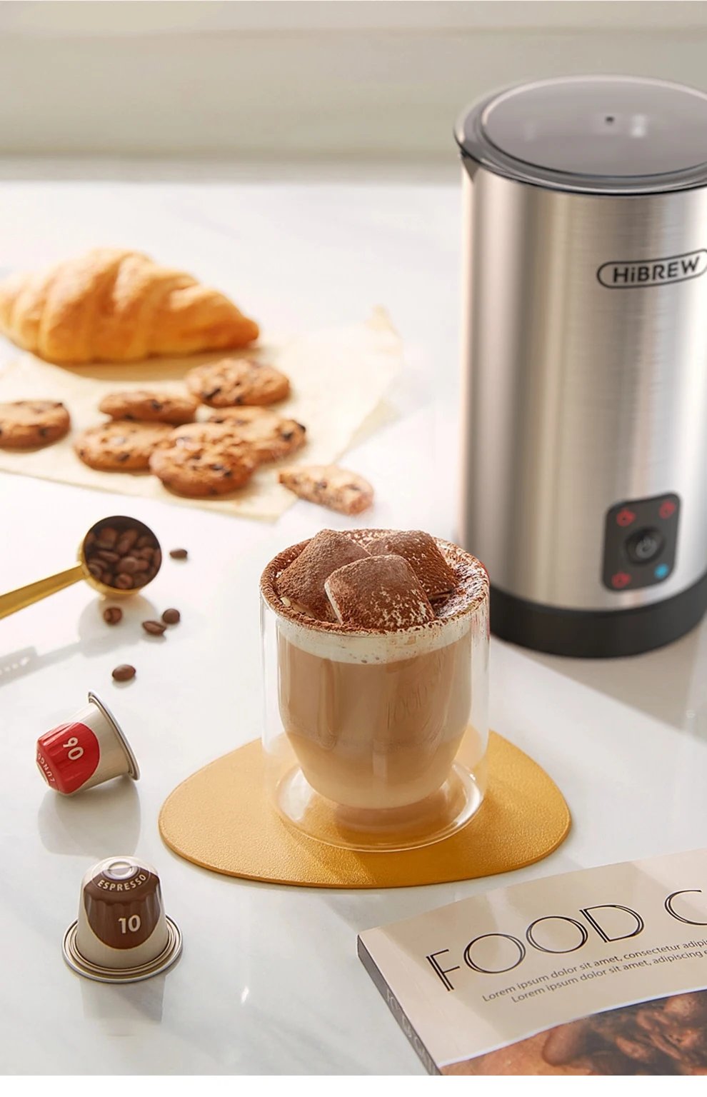 HiBREW 4 in 1 Milk Frother Frothing Foamer Fully automatic Milk Warmer Cold/Hot Latte Cappuccino Chocolate Protein powder M3A