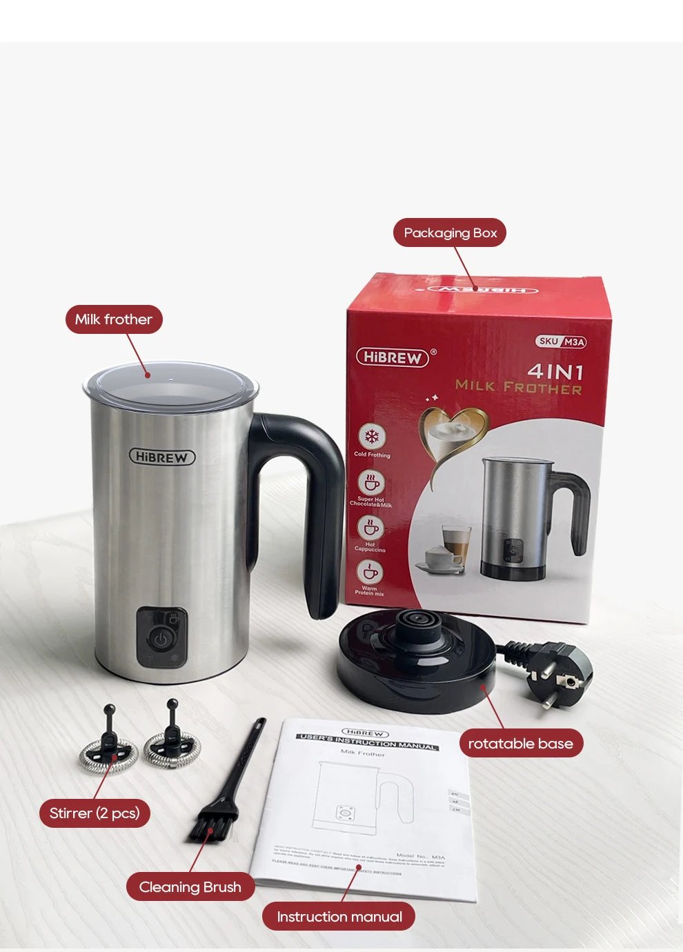 HiBREW 4 in 1 Milk Frother Frothing Foamer Fully automatic Milk Warmer Cold/Hot Latte Cappuccino Chocolate Protein powder M3A