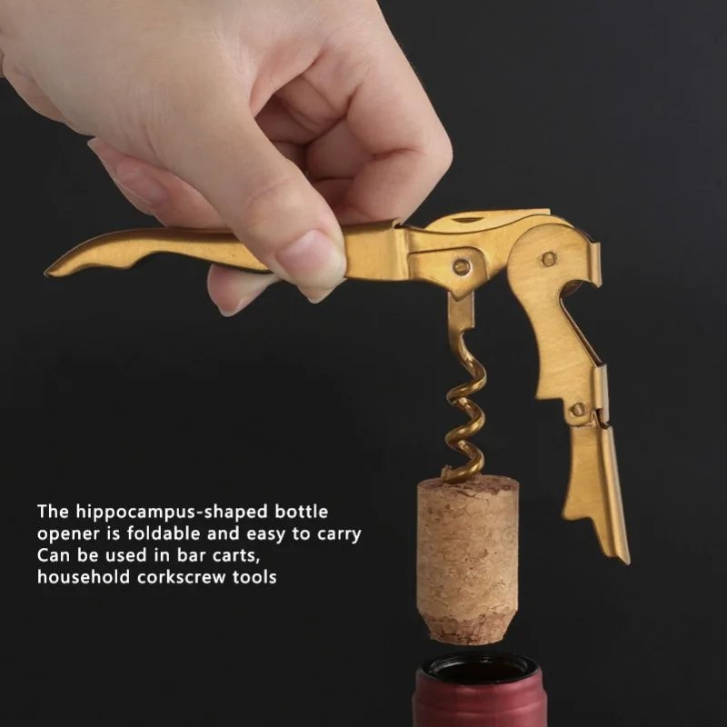 Sea Horse Corkscrew Wine Tool Bottle Opener Knife Stainless Steel Hippocampus Can Opener Double Hinged CorkscrewGold