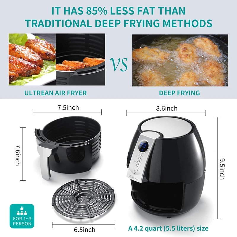 ULTREAN 4L Air Fryer Electric Hot fryer Oil-free Auto Household Kitchen 360&deg;Baking Convection Oven Deep Fryer with Touch Control