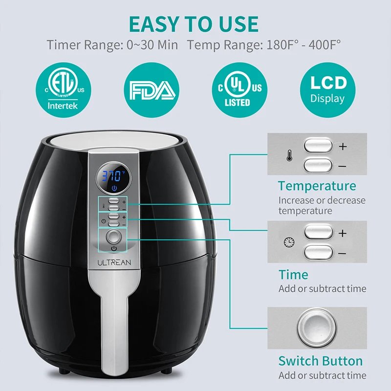 ULTREAN 4L Air Fryer Electric Hot fryer Oil-free Auto Household Kitchen 360&deg;Baking Convection Oven Deep Fryer with Touch Control