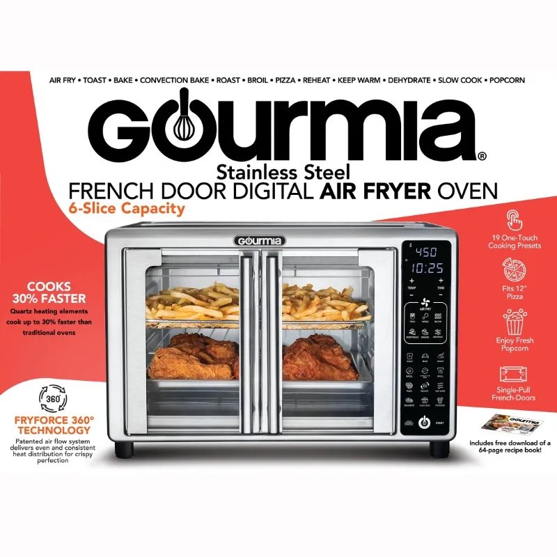 New Gourmia 1700W 6-Slice Digital Toaster Oven Air Fryer, 19 One-Touch Presets, 24L, Stainless Steel
