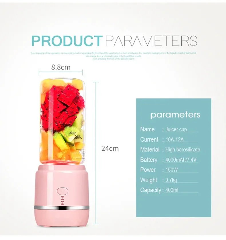 Portable Electric Fruit Juicer Wireless USB Rechargeable 6 Blades Mini Mixer Multifunction Summer Smoothie Blender Machine