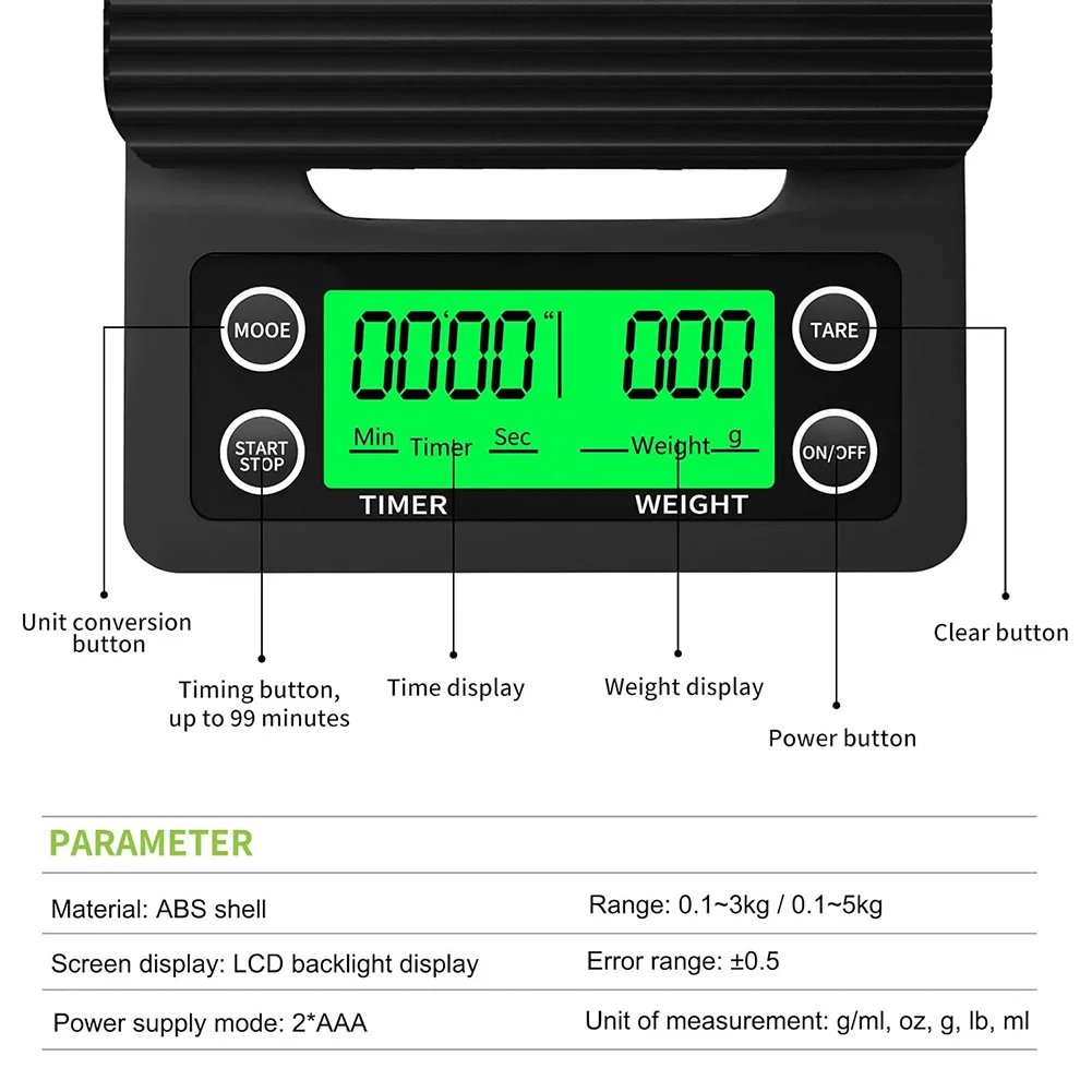5/3kg LCD Kitchen Coffee Scale with Timing Digital Display Timer Coffee Weight Tool High Precision Measuring Precision LCD Scale