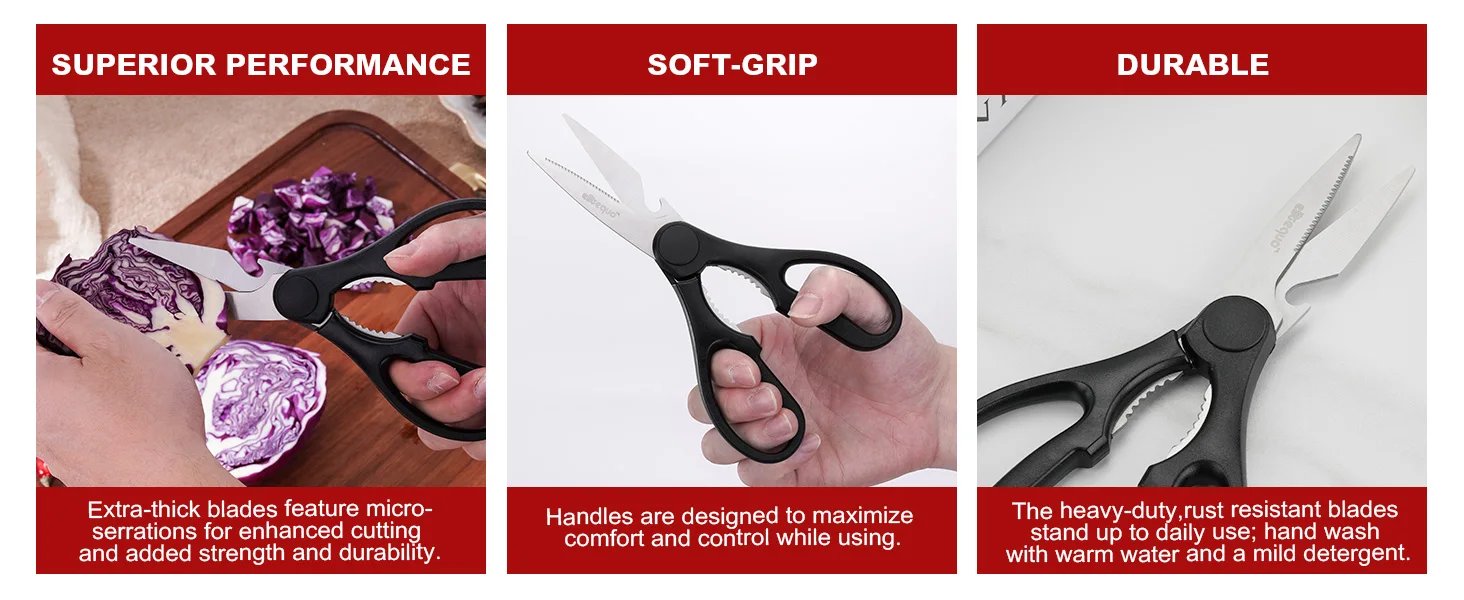 ELITEQUO All Purpose Kitchen Scissors, Heavy Duty Stainless Steel Scissors, Dishwasher Safe, Soft Grip Comfort Handle