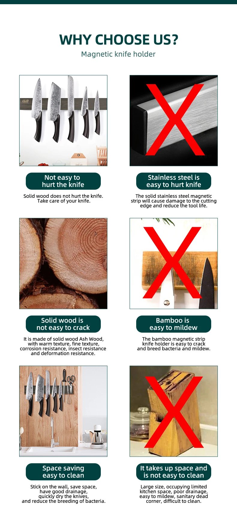 FINDKING New Design Powerful Magnetic Knife Strip Handmade Ash Wood Knives Holder Wall Mount Block  3pcs 12' 16' 18 inch Rack