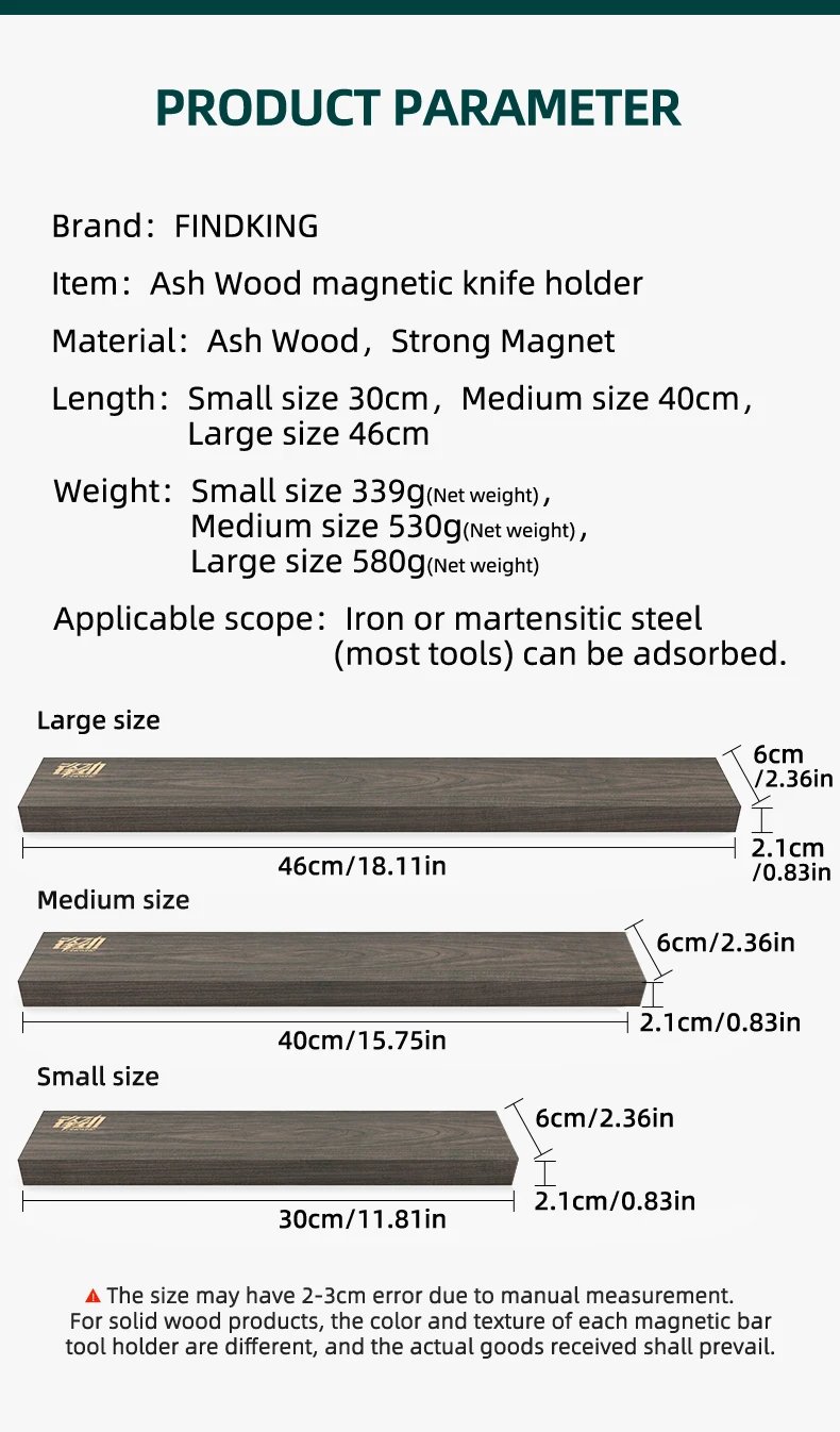 FINDKING New Design Powerful Magnetic Knife Strip Handmade Ash Wood Knives Holder Wall Mount Block  3pcs 12' 16' 18 inch Rack