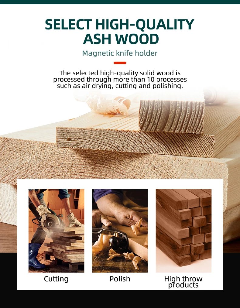 FINDKING New Design Powerful Magnetic Knife Strip Handmade Ash Wood Knives Holder Wall Mount Block  3pcs 12' 16' 18 inch Rack