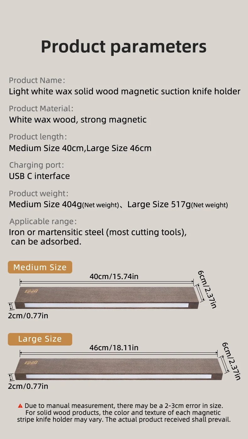 FINDKING New Design Powerful LED Lighted Magnetic Knife Strip Handmade Ash Wood Knives Holder Wall Mount Block  16' 18 inch Rack