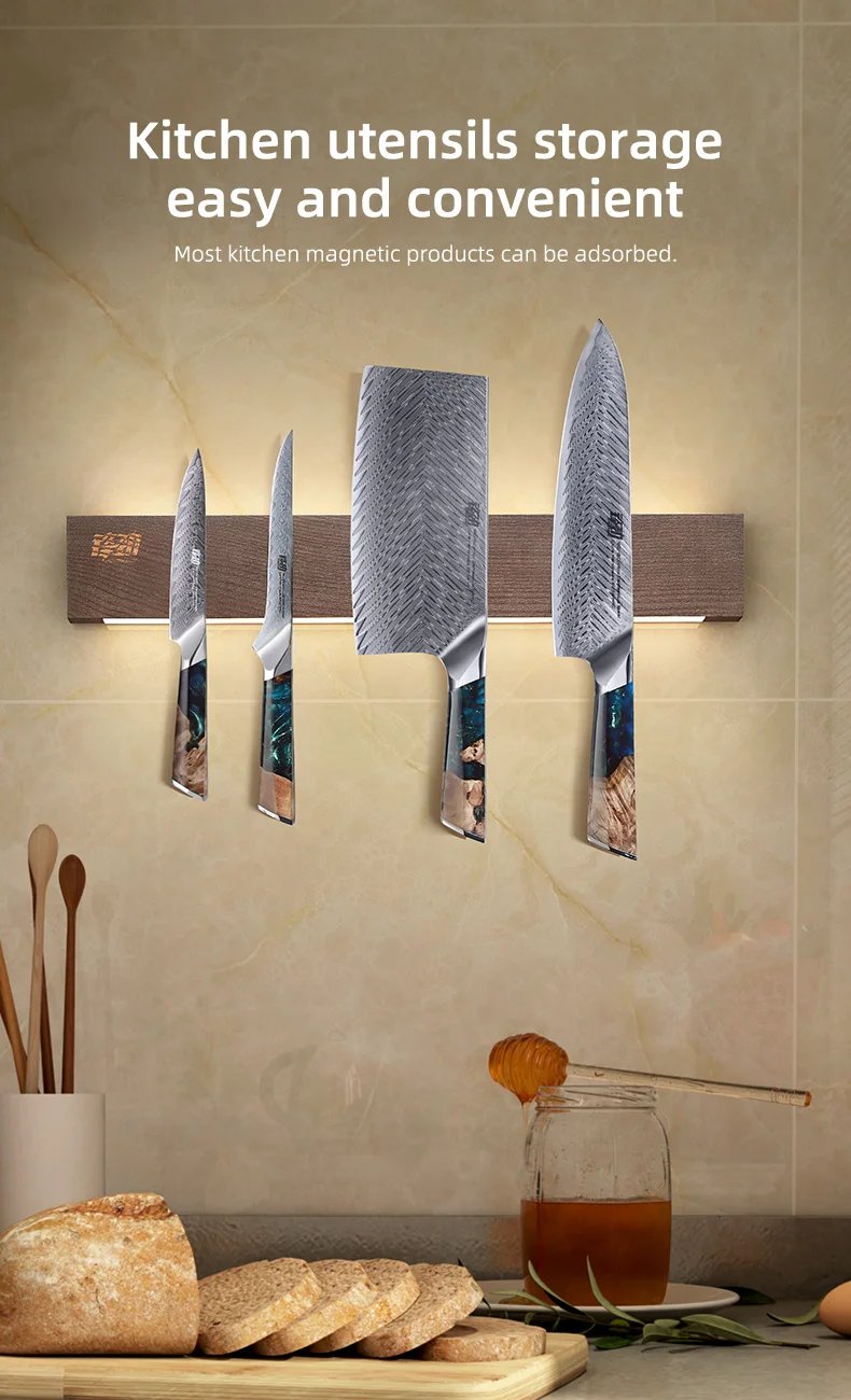 FINDKING New Design Powerful LED Lighted Magnetic Knife Strip Handmade Ash Wood Knives Holder Wall Mount Block  16' 18 inch Rack