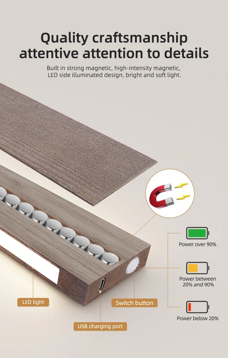 FINDKING New Design Powerful LED Lighted Magnetic Knife Strip Handmade Ash Wood Knives Holder Wall Mount Block  16' 18 inch Rack