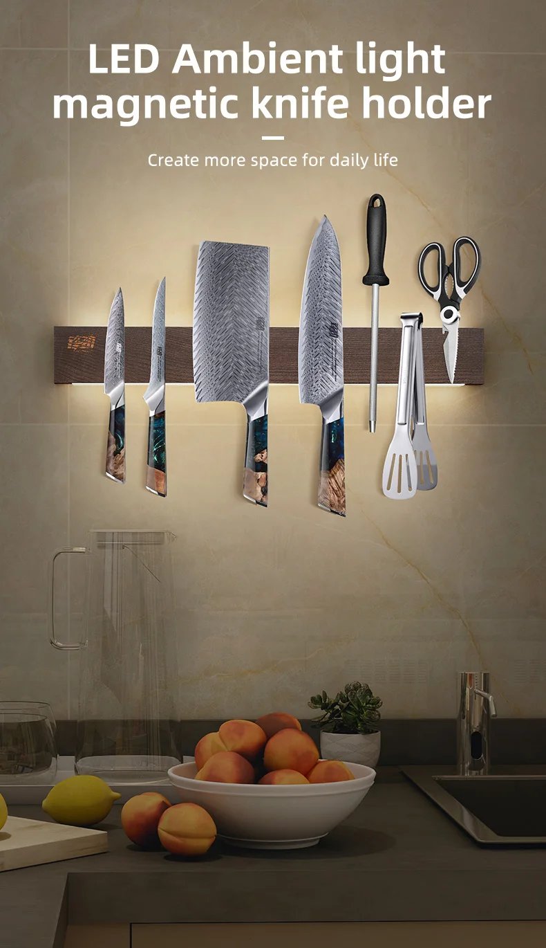 FINDKING New Design Powerful LED Lighted Magnetic Knife Strip Handmade Ash Wood Knives Holder Wall Mount Block  16' 18 inch Rack