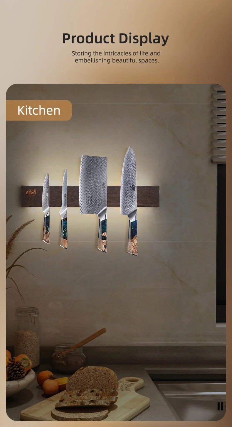 FINDKING New Design Powerful LED Lighted Magnetic Knife Strip Handmade Ash Wood Knives Holder Wall Mount Block  16' 18 inch Rack