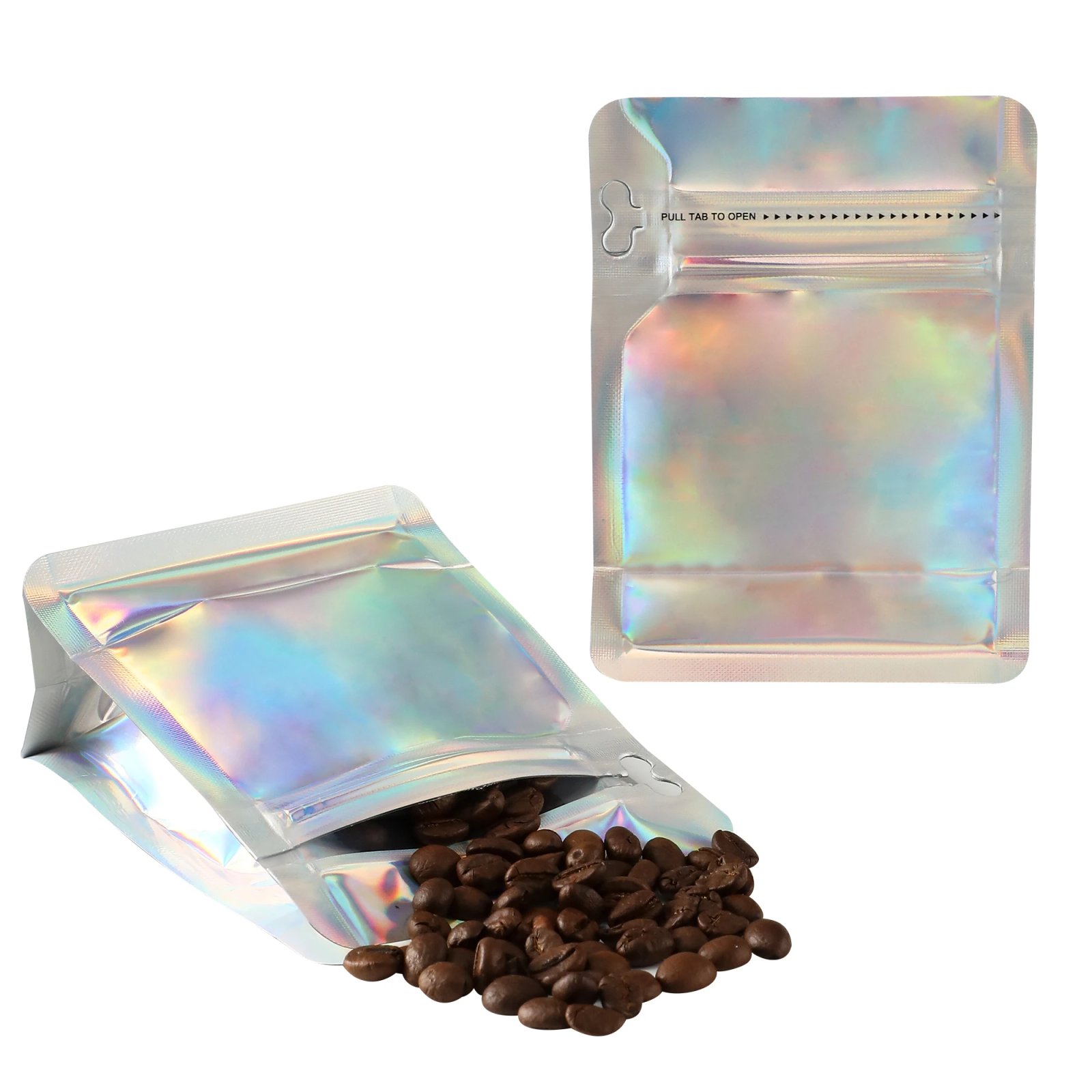 50pcs Aluminum Foil Eight-sided Coffee Mylar Packaging Doypack Reusable Glossy Holographic Silver Stand Up Zip Lock Pouches