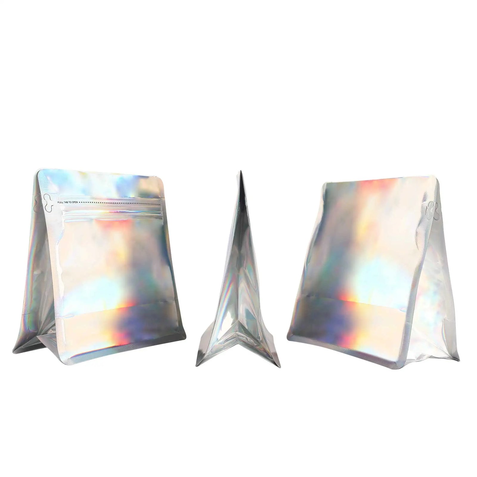 50pcs Aluminum Foil Eight-sided Coffee Mylar Packaging Doypack Reusable Glossy Holographic Silver Stand Up Zip Lock Pouches