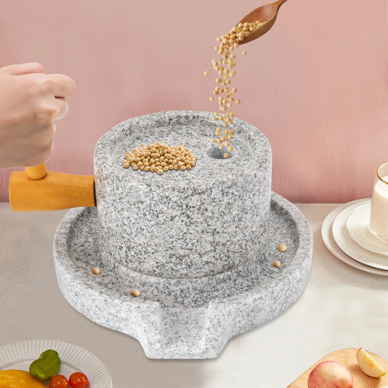 Manual Millstone Grinder Traditional Hand-Push Chili Pepper Mung Bean Flour Mill Grinder Marble Mini Stone Mill