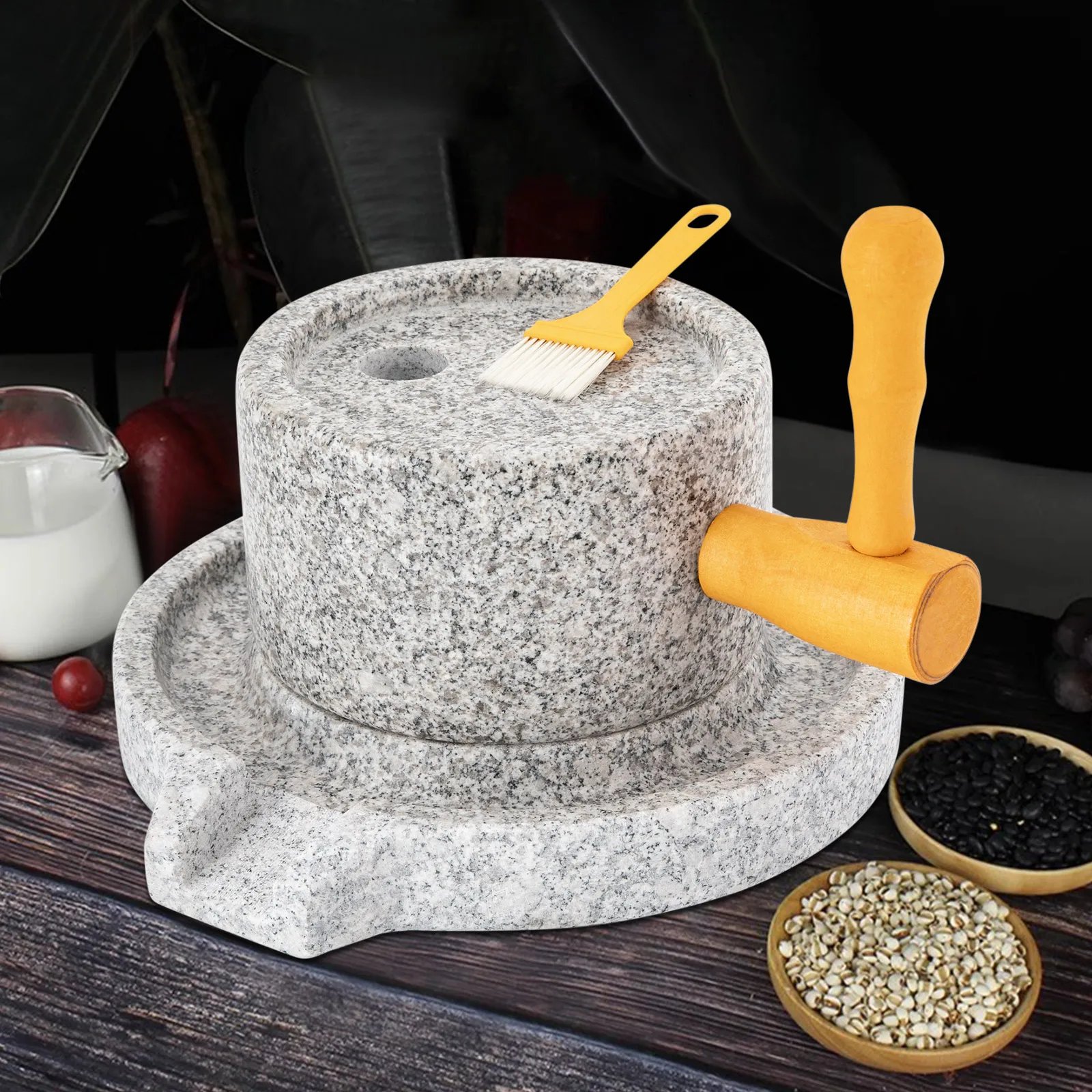 Manual Millstone Grinder Traditional Hand-Push Chili Pepper Mung Bean Flour Mill Grinder Marble Mini Stone Mill