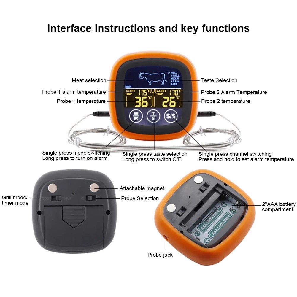 Digital Meat Kitchen Thermometer with 2 Probes Waterproof Meat Temperature Thermometer Probe Meat Temperature Probe for Grilling