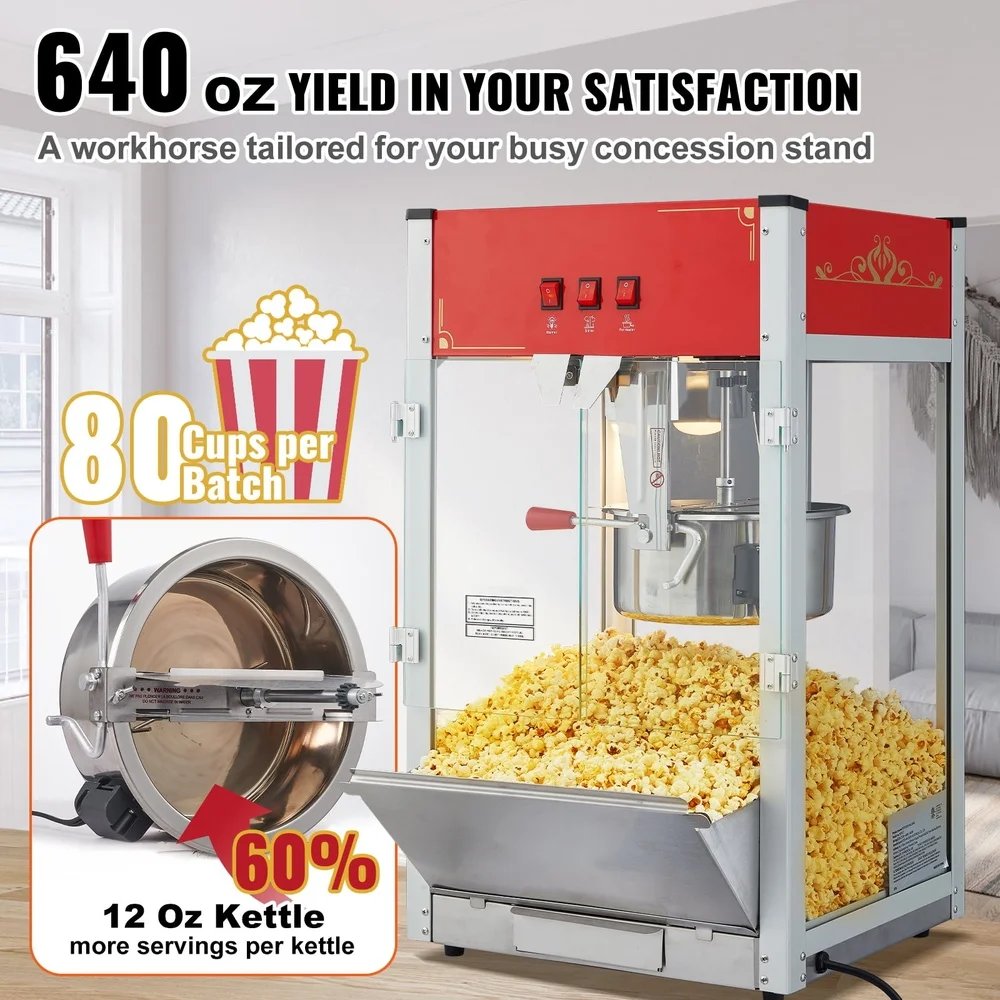 12oz Popcorn Maker Machine 1440W Commercial Kettle Popper Multi-Functional LED Tabletop Theater Style Popcorn Popper Accessory