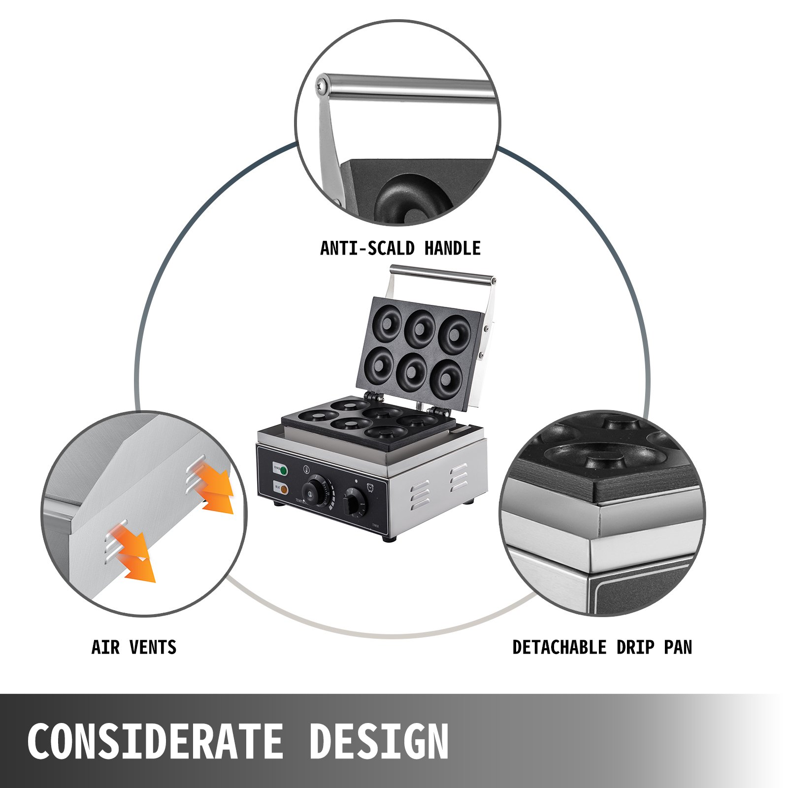 VEVOR 6 Hole Electric Sweet Donut Maker Stainless Steel Non Stick Commercial Donut Waffle Cookies Gaufriers Kitchen Appliance