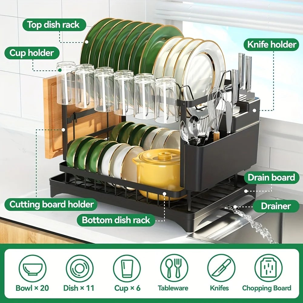 Dish Drying Rack Multifunctional Kitchen With Drainboard, Space-Saving 2-Tier Dish Drying Rack With Utensil Holder