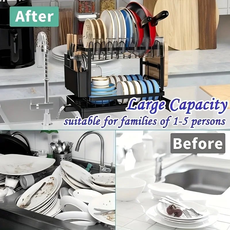 Dish Drying Rack Multifunctional Kitchen With Drainboard, Space-Saving 2-Tier Dish Drying Rack With Utensil Holder