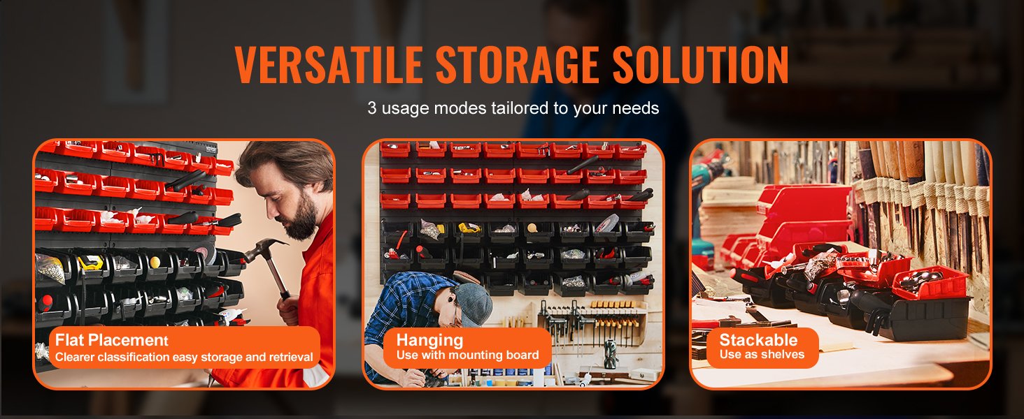 VEVOR 48pcs Parts Storage Bins Wall Mounted Garage Containers with Wall Panels Tool Organizer for Nuts Bolts Screws Nails
