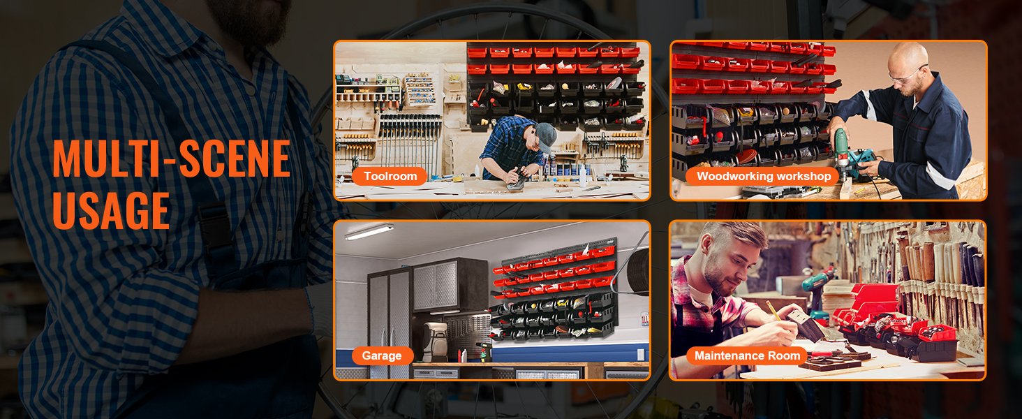 VEVOR 48pcs Parts Storage Bins Wall Mounted Garage Containers with Wall Panels Tool Organizer for Nuts Bolts Screws Nails