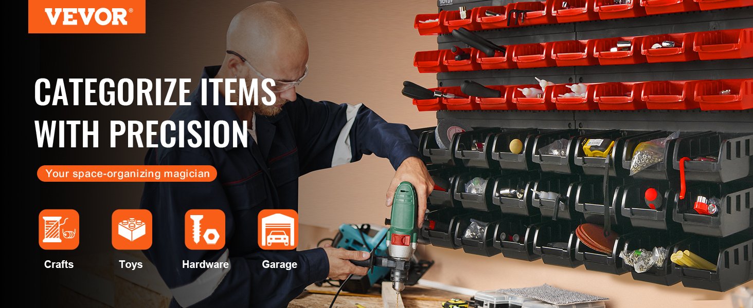 VEVOR 48pcs Parts Storage Bins Wall Mounted Garage Containers with Wall Panels Tool Organizer for Nuts Bolts Screws Nails