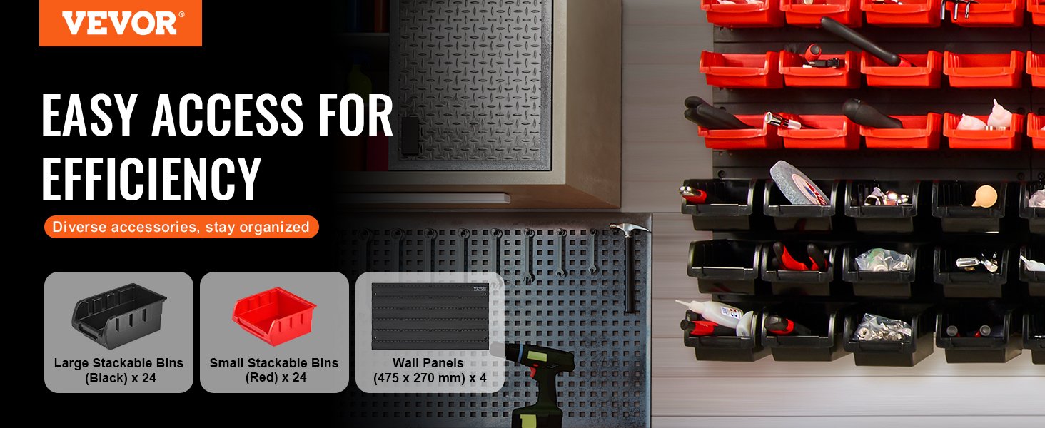 VEVOR 48pcs Parts Storage Bins Wall Mounted Garage Containers with Wall Panels Tool Organizer for Nuts Bolts Screws Nails