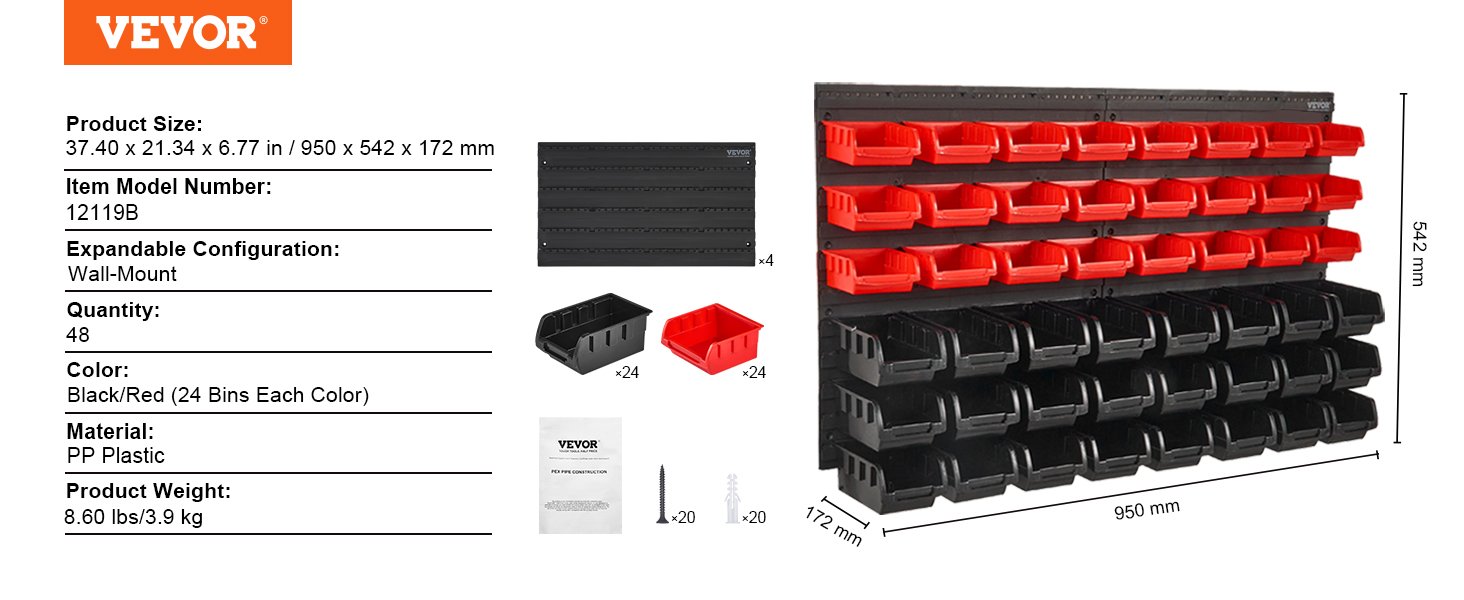 VEVOR 48pcs Parts Storage Bins Wall Mounted Garage Containers with Wall Panels Tool Organizer for Nuts Bolts Screws Nails