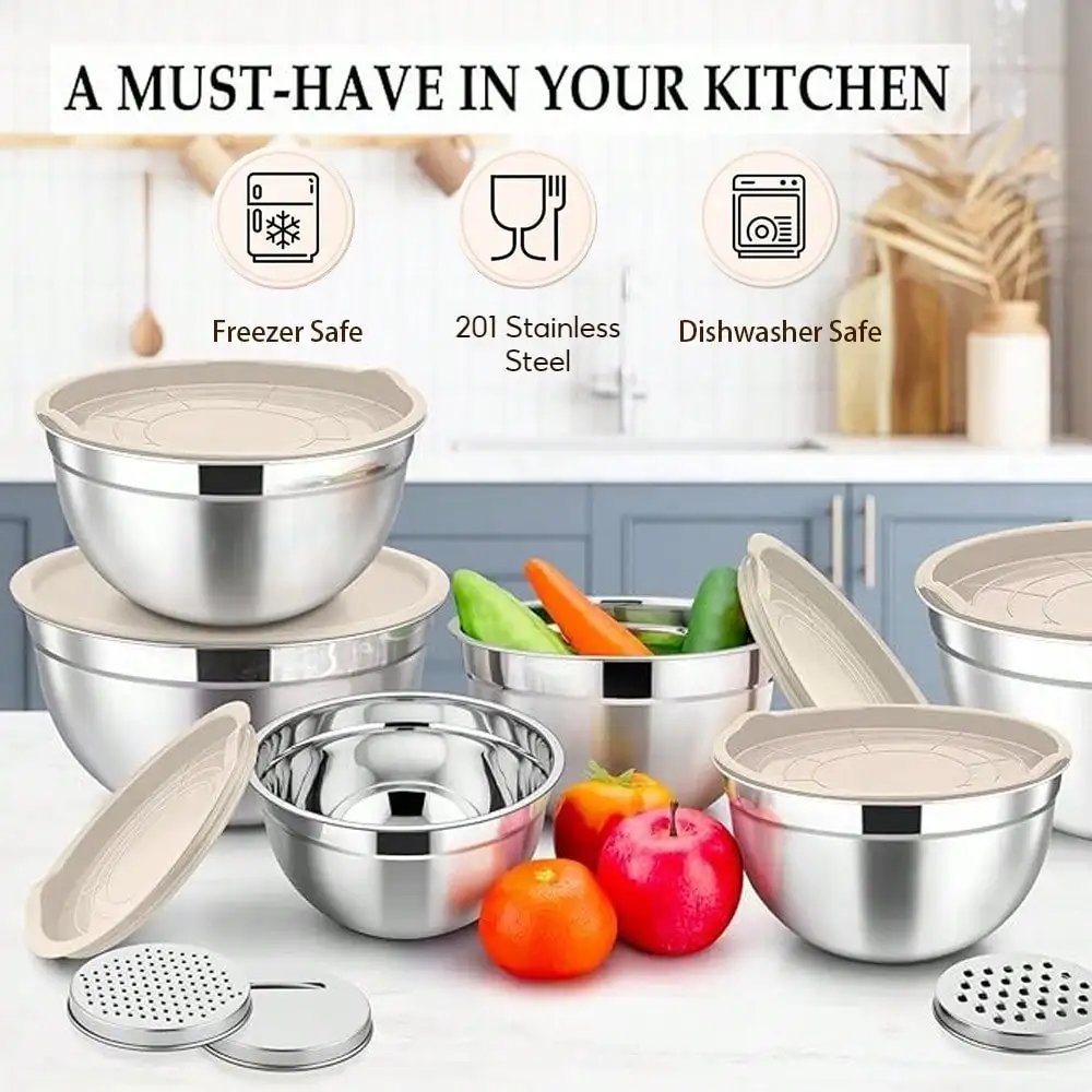 Mixing bowl set with sealed lid, 6 stainless steel nested bowls with 3 grille attachments and anti slip bottom,Mixing Bowls Mixing bowl set with sealed lid, 6 stainless steel nested bowls with 3 grille attachments and anti slip bottom,Mixing Bowls