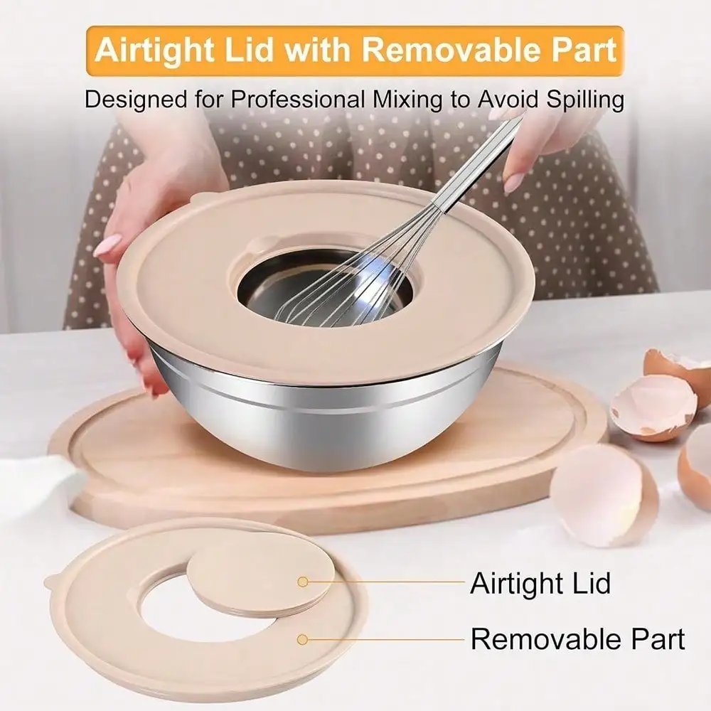 Mixing bowl set with sealed lid, 6 stainless steel nested bowls with 3 grille attachments and anti slip bottom,Mixing Bowls Mixing bowl set with sealed lid, 6 stainless steel nested bowls with 3 grille attachments and anti slip bottom,Mixing Bowls