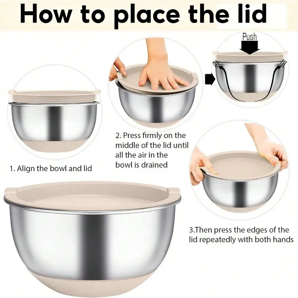 Mixing bowl set with sealed lid, 6 stainless steel nested bowls with 3 grille attachments and anti slip bottom,Mixing Bowls Mixing bowl set with sealed lid, 6 stainless steel nested bowls with 3 grille attachments and anti slip bottom,Mixing Bowls