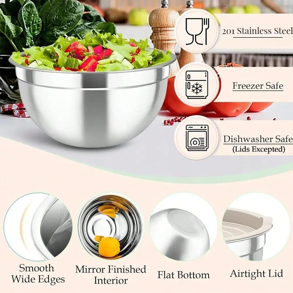 Mixing bowl set with sealed lid, 6 stainless steel nested bowls with 3 grille attachments and anti slip bottom,Mixing Bowls Mixing bowl set with sealed lid, 6 stainless steel nested bowls with 3 grille attachments and anti slip bottom,Mixing Bowls