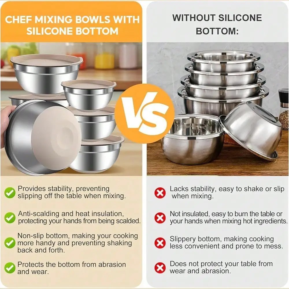 Mixing bowl set with sealed lid, 6 stainless steel nested bowls with 3 grille attachments and anti slip bottom,Mixing Bowls Mixing bowl set with sealed lid, 6 stainless steel nested bowls with 3 grille attachments and anti slip bottom,Mixing Bowls