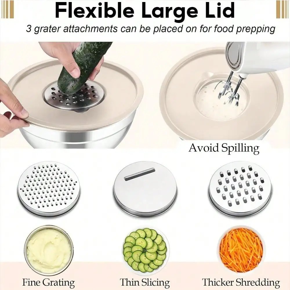 Mixing bowl set with sealed lid, 6 stainless steel nested bowls with 3 grille attachments and anti slip bottom,Mixing Bowls Mixing bowl set with sealed lid, 6 stainless steel nested bowls with 3 grille attachments and anti slip bottom,Mixing Bowls
