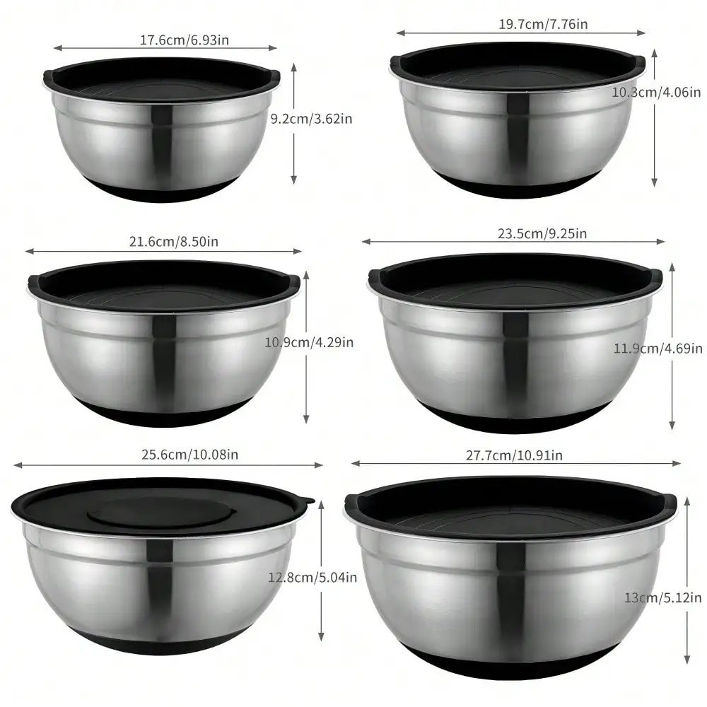 Mixing bowl set with sealed lid, 6 stainless steel nested bowls with 3 grille attachments and anti slip bottom,Mixing Bowls Mixing bowl set with sealed lid, 6 stainless steel nested bowls with 3 grille attachments and anti slip bottom,Mixing Bowls
