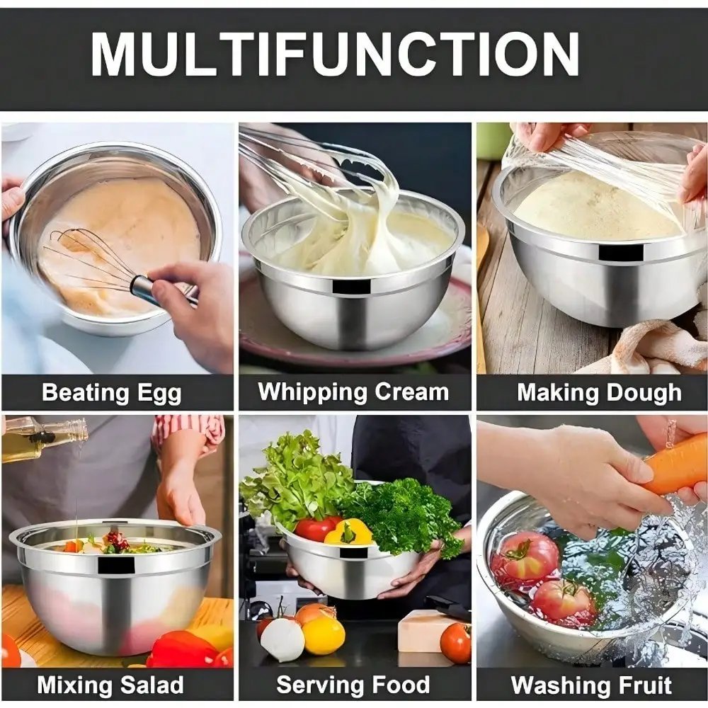 Mixing bowl set with sealed lid, 6 stainless steel nested bowls with 3 grille attachments and anti slip bottom,Mixing Bowls Mixing bowl set with sealed lid, 6 stainless steel nested bowls with 3 grille attachments and anti slip bottom,Mixing Bowls