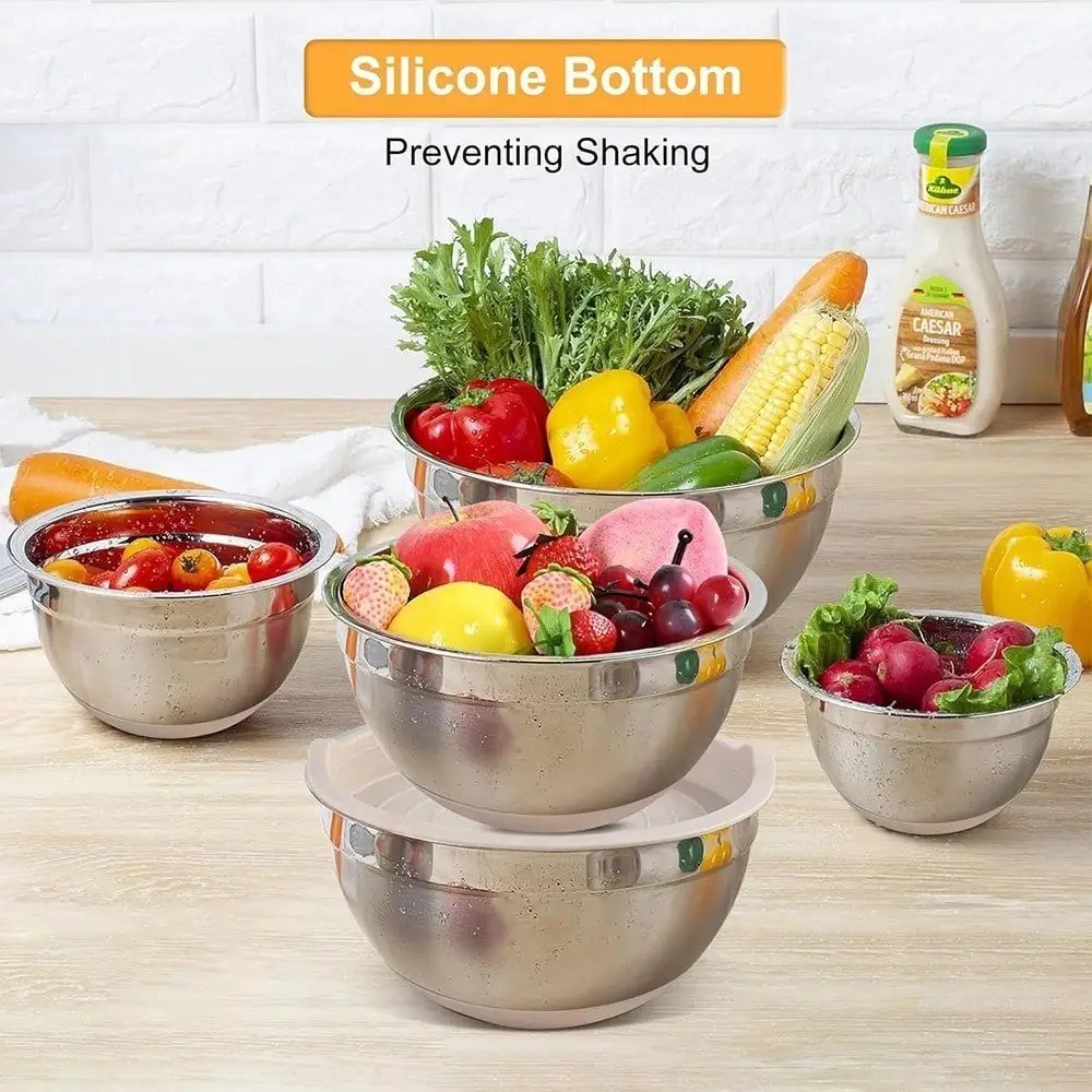 Mixing bowl set with sealed lid, 6 stainless steel nested bowls with 3 grille attachments and anti slip bottom,Mixing Bowls Mixing bowl set with sealed lid, 6 stainless steel nested bowls with 3 grille attachments and anti slip bottom,Mixing Bowls