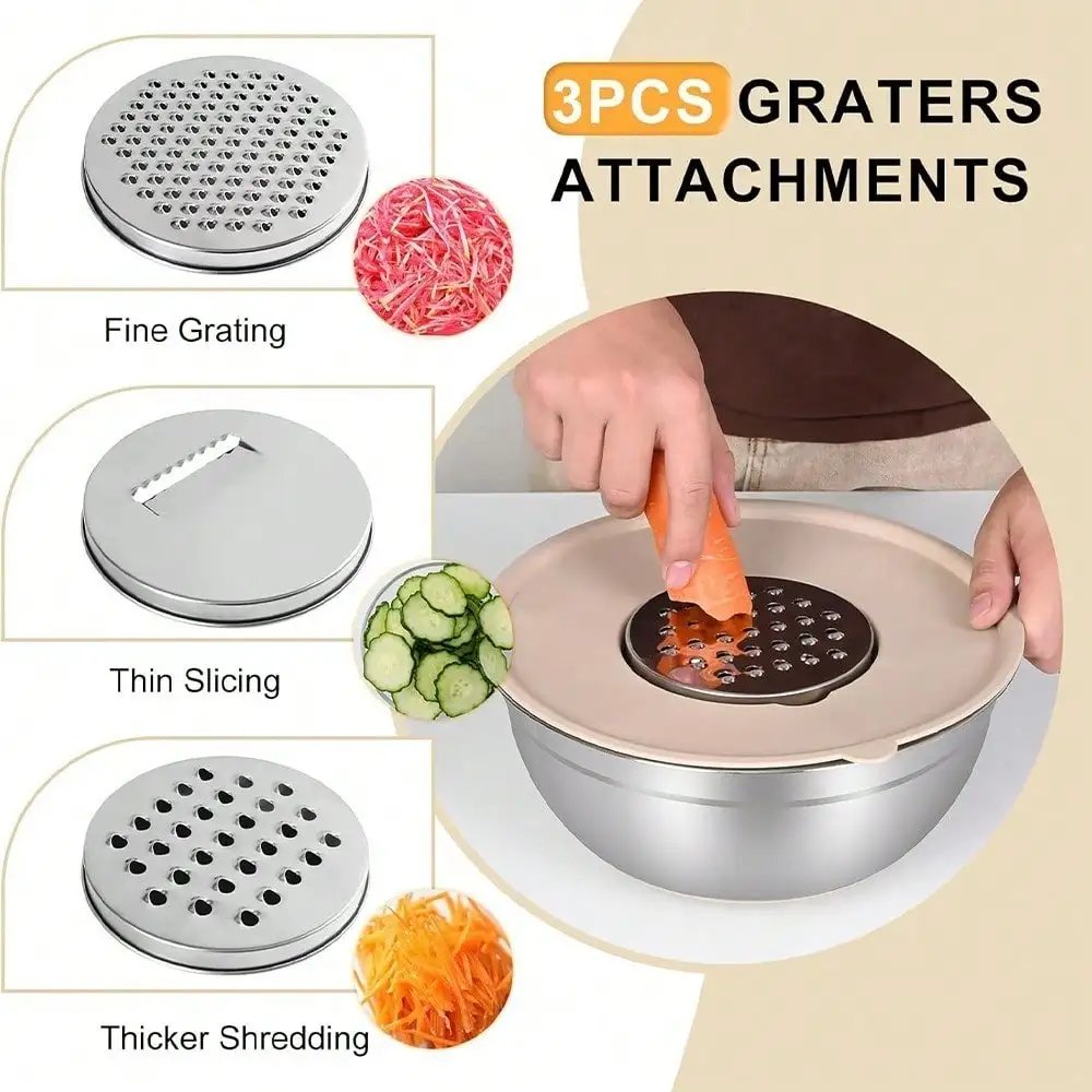 Mixing bowl set with sealed lid, 6 stainless steel nested bowls with 3 grille attachments and anti slip bottom,Mixing Bowls Mixing bowl set with sealed lid, 6 stainless steel nested bowls with 3 grille attachments and anti slip bottom,Mixing Bowls