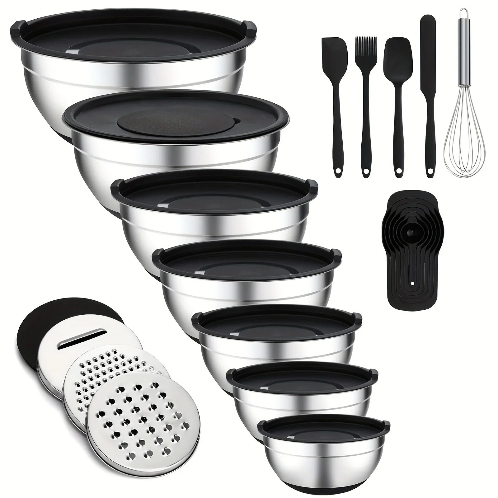 16PCS Complete Salad Tools Set 7 Stainless Steel Mixing Bowls with Lids 3 Graters 6 Spoons 5 Kitchen Accessories