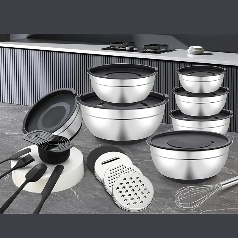 16PCS Complete Salad Tools Set 7 Stainless Steel Mixing Bowls with Lids 3 Graters 6 Spoons 5 Kitchen Accessories