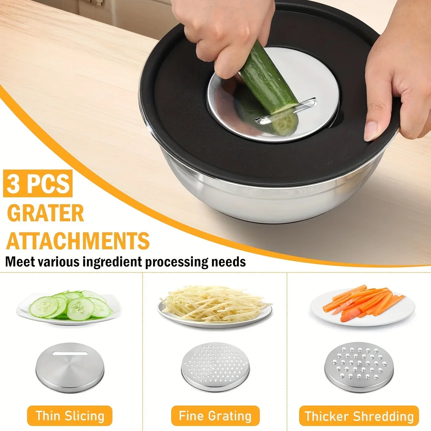 16PCS Complete Salad Tools Set 7 Stainless Steel Mixing Bowls with Lids 3 Graters 6 Spoons 5 Kitchen Accessories