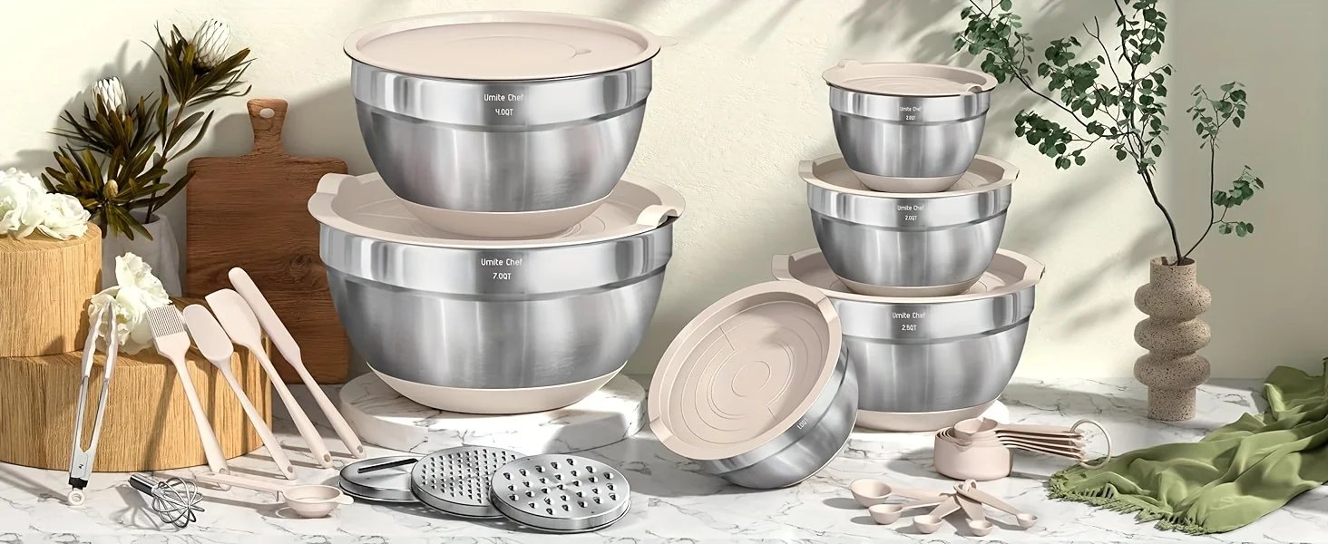 Mixing Bowls with Airtight Lids Set SteelBowls with Grater Attachments,Non-Slip Bottoms KitchenGadgets Great for Mixing Serving