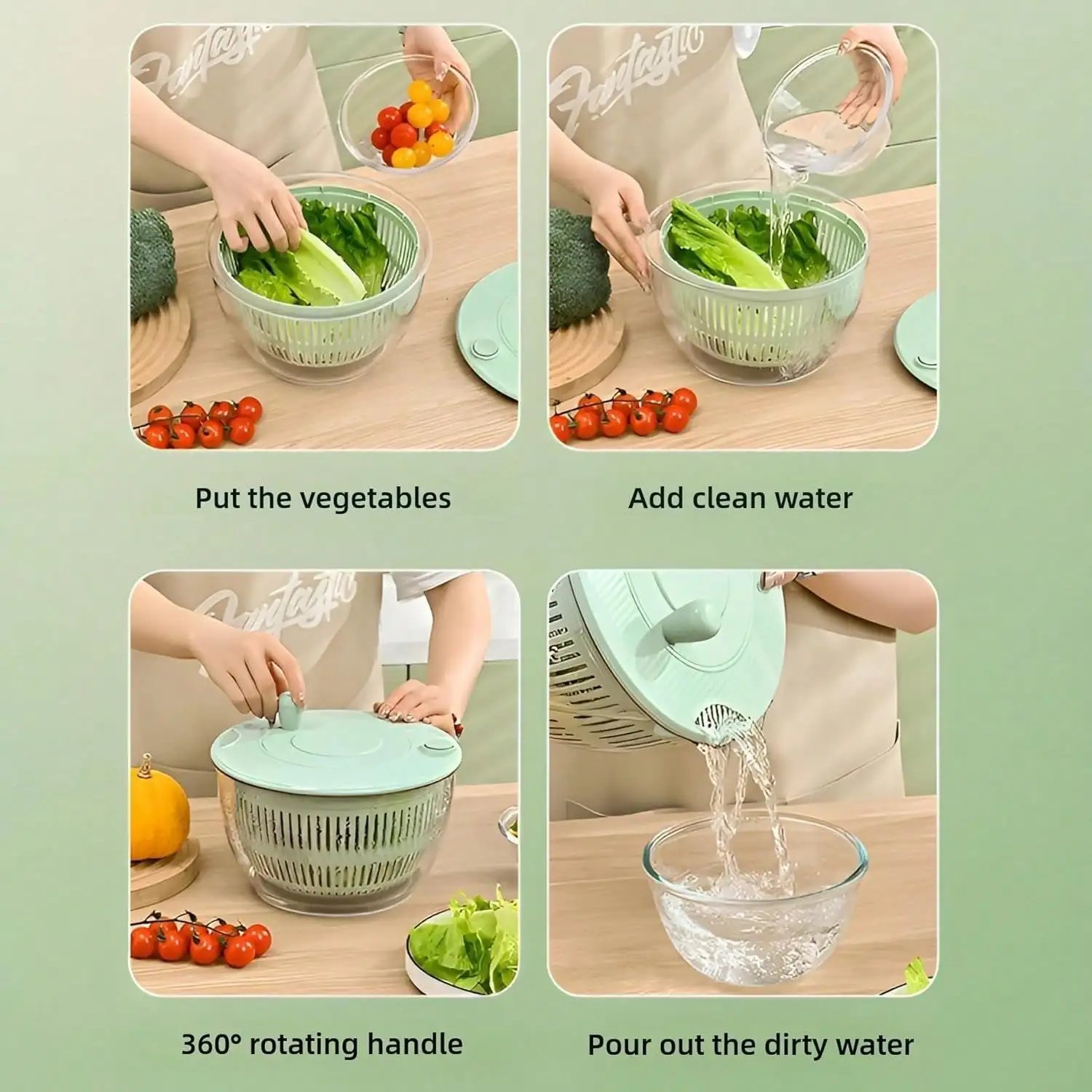 Salad Spinner with Lid - Fresh Green 2-in-1, Wash, Dehydrate and Dry Vegetables, Fruits, Salads, Built-in Drain Function