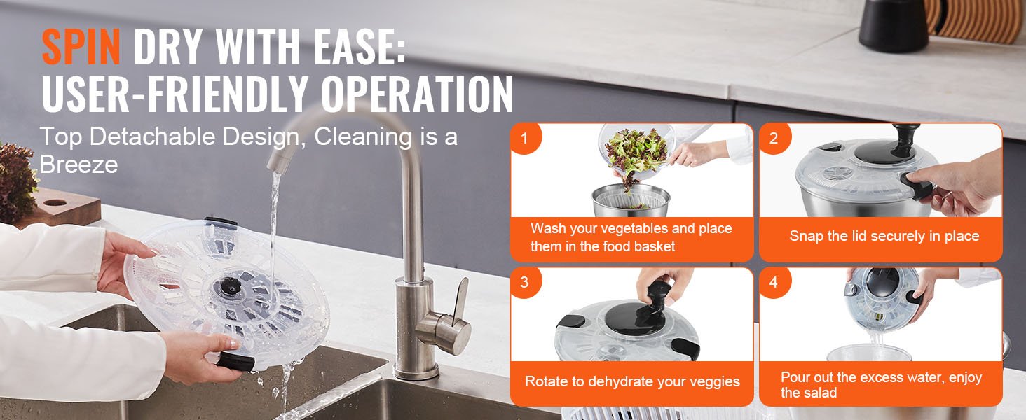 VEVOR Stainless Steel Salad Spinner 4.75Qt One-handed Easy Press Large Vegetable Dryer Washer for Greens Herbs Berries Fruits