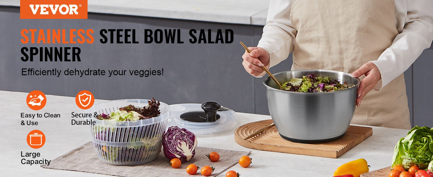 VEVOR Stainless Steel Salad Spinner 4.75Qt One-handed Easy Press Large Vegetable Dryer Washer for Greens Herbs Berries Fruits